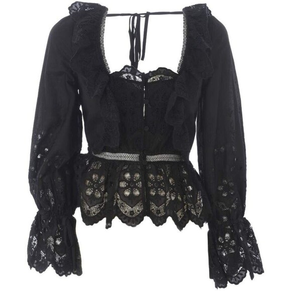 Self-Portrait Black Peplum Floral Embroidered Top Ruffle Long Sleeve Blouse - Picture 1 of 12